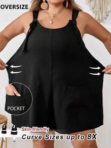 SHEIN CURVE+ 大码女式无袖前袋系带装饰宽腿宽松连体裤（不含胸罩），夏季假日服装，女士度假服装 女士沙滩服装/沙滩裙/沙滩度假服装/沙滩必需品/毕业/茶会礼服 夏季/乡村/海滩度假服装/沙滩服装/沙滩装 - 黑色 - 查看 7