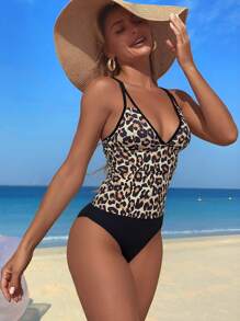 Swim Lushoire Cut Out Spaghettiträger Leoparden-Muster Top mit Schnürung und schwarzem Dreiecks-Unterteil, sexy Bikini-Set mit Rückenausschnitt für reife Frauen, 2-teilig