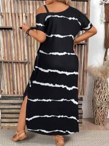 大码女式休闲条纹简约日常连衣裙，不对称领口侧开口袋连衣裙。夏季女士长裙，超长宽松度假风格连衣裙 - 黑與白 - 查看 2