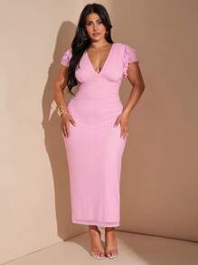 SHEIN BAE Plus Size Women's Spring And Summer Pink Mesh Print Tight V-Neck Dress, Long, Slim, Modified Arm Dress, Concert Outfit Women, Summer Outfits, Concert Outfit Women, Country Concert Outfit, Elegant, Vacation Outfits Woman, Vacation; Western Wear Women, Plus Size Women Elegant Large Floral Mesh Print Bodycon V-Neck Dress, Long Length, Fitted, Arm Flattering, Suitable For Daily, Outing, Date, Afternoon Tea, Vacation, Spring/Summer, Back To School Season Dresses For Women Elegant Women Formal,Birthday Dresses For Women,4th Of July Curve,Graduation,Wedding Guest Dress Women - Pink - View 5