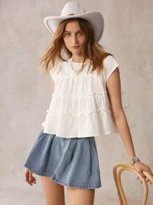 Wildy 波西米亚风美式乡村风宽松白色短袖休闲衬衫，适合办公室穿着，西部风格，女款波西米亚风娃娃衫，白色女款 - 白色 - 查看 6