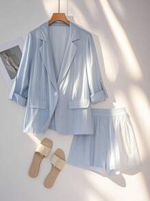 Chiquease 2pcs/Set Plain Professional Casual Long Sleeve Jacket And Shorts Set - Blue - View 1