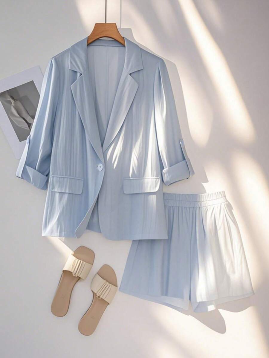 Chiquease 2pcs/Set Plain Professional Casual Long Sleeve Jacket And Shorts Set - Blue - View 1
