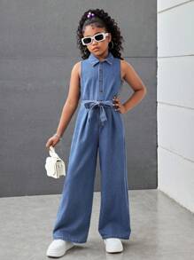 Macacão Denim Folgado com Laço Torcido na Cintura e Gola Alta para Meninas Pré-Adolescentes, Primavera Verão, Shorts Boho de Praia de Verão para Meninas, Looks Casuais de Verão para Festivais e Concertos, Looks de Verão para Brunch, Igreja e Formatura para Meninas, Looks Streetwear de Volta às Aulas