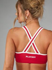 Missguided x Playboy High Impact Cross Back Sports Bra Athletic Workout Fitness Running Training Dance Gym Yoga High Support Performance Activewear Athletic Base Layer - Red and White - View 5