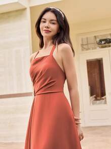 SHEIN 婚礼季伴娘青少年露背收腰褶边不对称下摆高开衩连衣裙，适合舞会、派对、生日