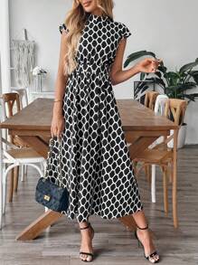 SHEIN Clasi Women's Geometric Print Small Stand Collar A-Line Sleeveless Midi Elegant Casual Commuter Dress