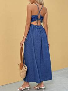 SHEIN Vestido de embarazada con cuello en V, abertura alta y decoración floral 3D de estilo resort de verano - Azul - Ver 2