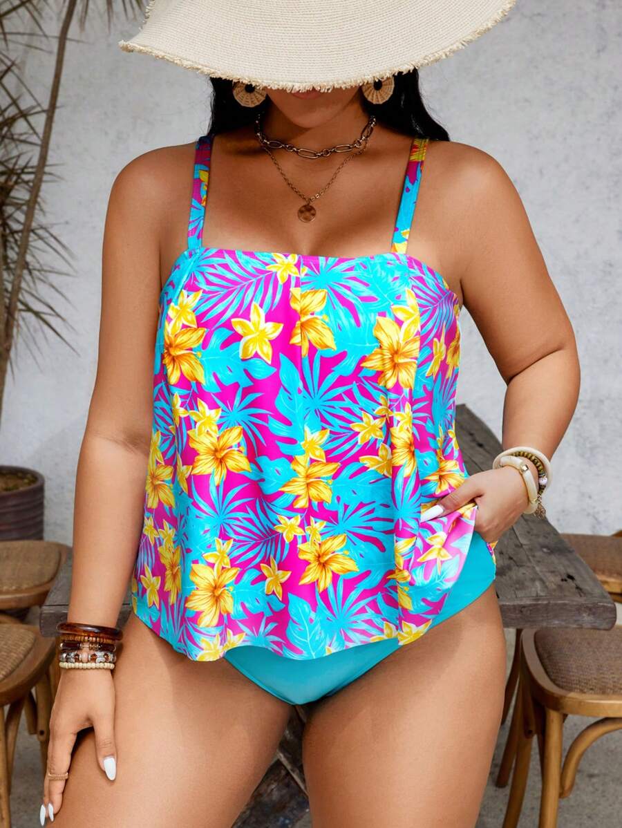 Swim Lushoire 大码女式夏季热带树叶花卉印花简约分体泳衣两件套 - 彩色 - 查看 1