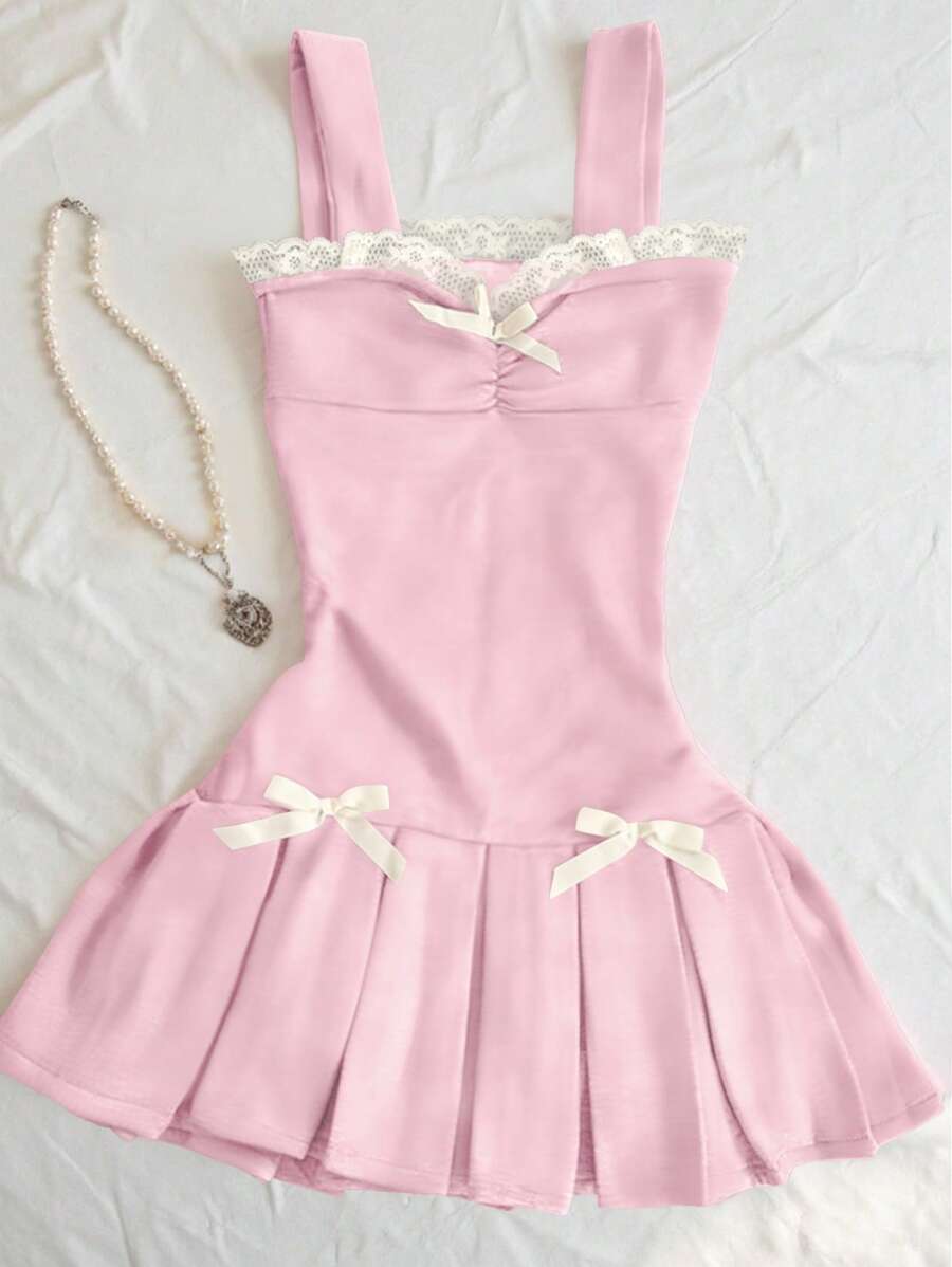 SHEIN Women's Summer Elegant Lace Trim Bow Decor Ruffle Hem Midi Dress - Pink - View 1