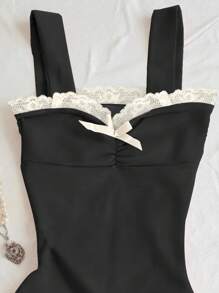 SHEIN Vestido camisero de mujer con parches de encaje y adorno de moño