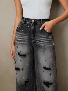 Anewsta Quần Jeans Xanh Nữ Thời Trang Cổ Điển Hiện Đại Màu Giặt Đính Đá Rhinestone, Thích Hợp Cho Lễ Hội Và Đi Chơi - màu đen - Xem 1