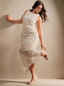 Anewsta 大码女式优雅高端约会夜镂空纹理修身中长连衣裙