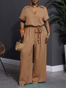 Slaydiva 大码女式纯绿色短袖交叉 V 领编织腰带阔腿连体裤，休闲度假装，春夏