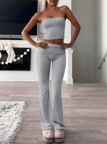 INAWLY 2pcs/Set Slim-Fit Sexy Ruffle Bandeau Top And Bell-Bottom Pants Set