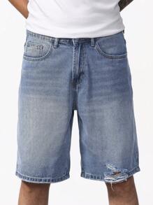 Manfinity Homme Men's Washed Basic Casual Denim Shorts Tropical Hang Out Street - Light Wash - View 7