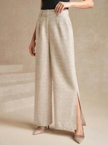 Amorya Quần ống rộng màu be pha trộn vải lanh cạp cao thoải mái xẻ tà bên hông cho nữ, quần vải lanh mặc đi làm/đi chơi mùa hè, quần vải lanh chuyên nghiệp cho phụ nữ, quần áo công sở thường ngày cho phụ nữ - Màu be - Xem 2