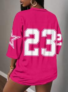 Slaydiva 大码休闲简约数字印花V领T恤，适合夏季 - 彩色 - 查看 2