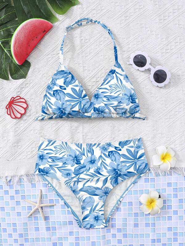 SHEIN Set bikini tip camisol cu imprimeu tropical pentru fete Tween, model casual, pentru vacanță și plajă