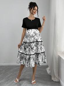 SHEIN Maternity Floral Print & Ruffle Patchwork Crew Neck Short Sleeve Dress - Black and White - View 4