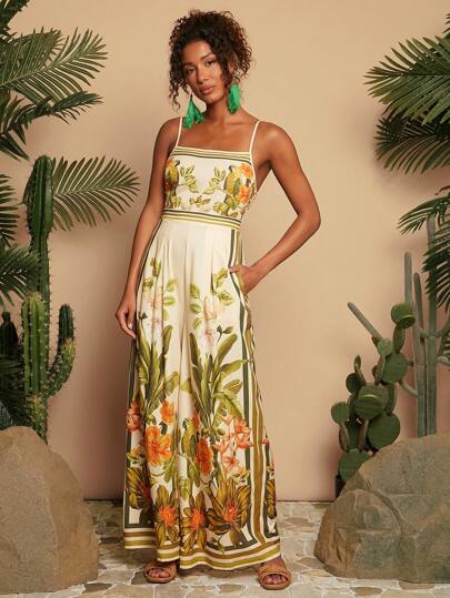 Travachic Woven Print Loose Wide Leg Women's Jumpsuit,Summer Outfits For Women,Beachwear,Spring And Summer,Easter,Holiday Outfits,Beach Outfits For Woman,Spring Break,Vacation Outfits Women,Concert Outfit Women, Suitable For Holiday Date, Afternoon Tea, Wedding Season, Beach Cruise Vacation, City Road Trip Vacation, Boho Vacation, Music Festival ,Elegant Clothes For Women