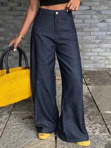 DAZY 女式宽松阔腿牛仔裤，西部牛仔装饰缝线，口袋，休闲街头风格夏季裤子