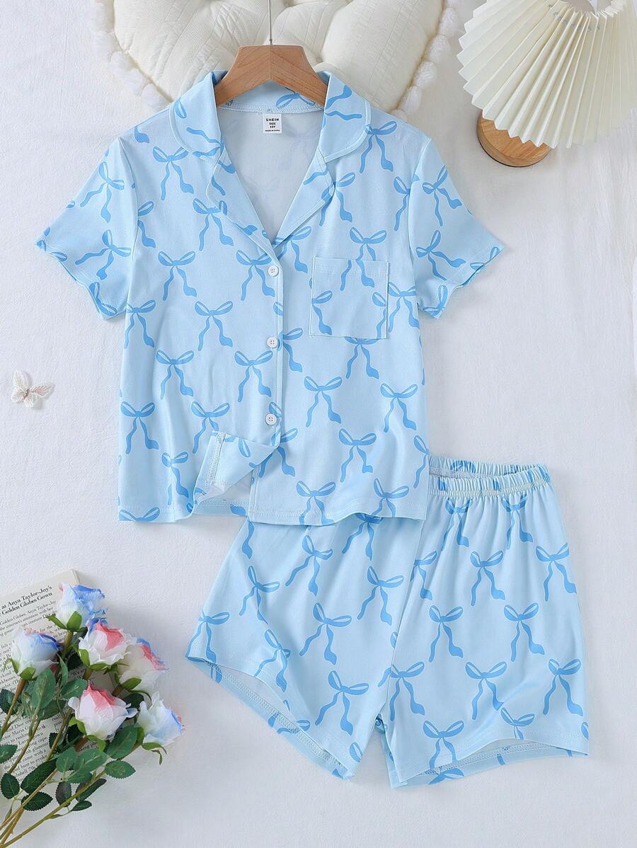 女童蝴蝶结装饰短袖上衣和短裤两件套家居服