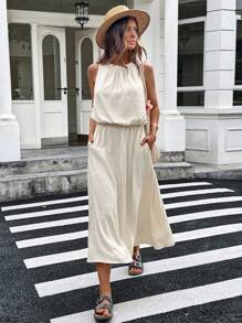 SHEIN LUNE 女士休闲纯色夏季户外日常基础款街头度假无袖上衣和半裙两件套，夏季女士休闲服装，女士度假服装，女士机场穿搭 - 卡其色 - 查看 4