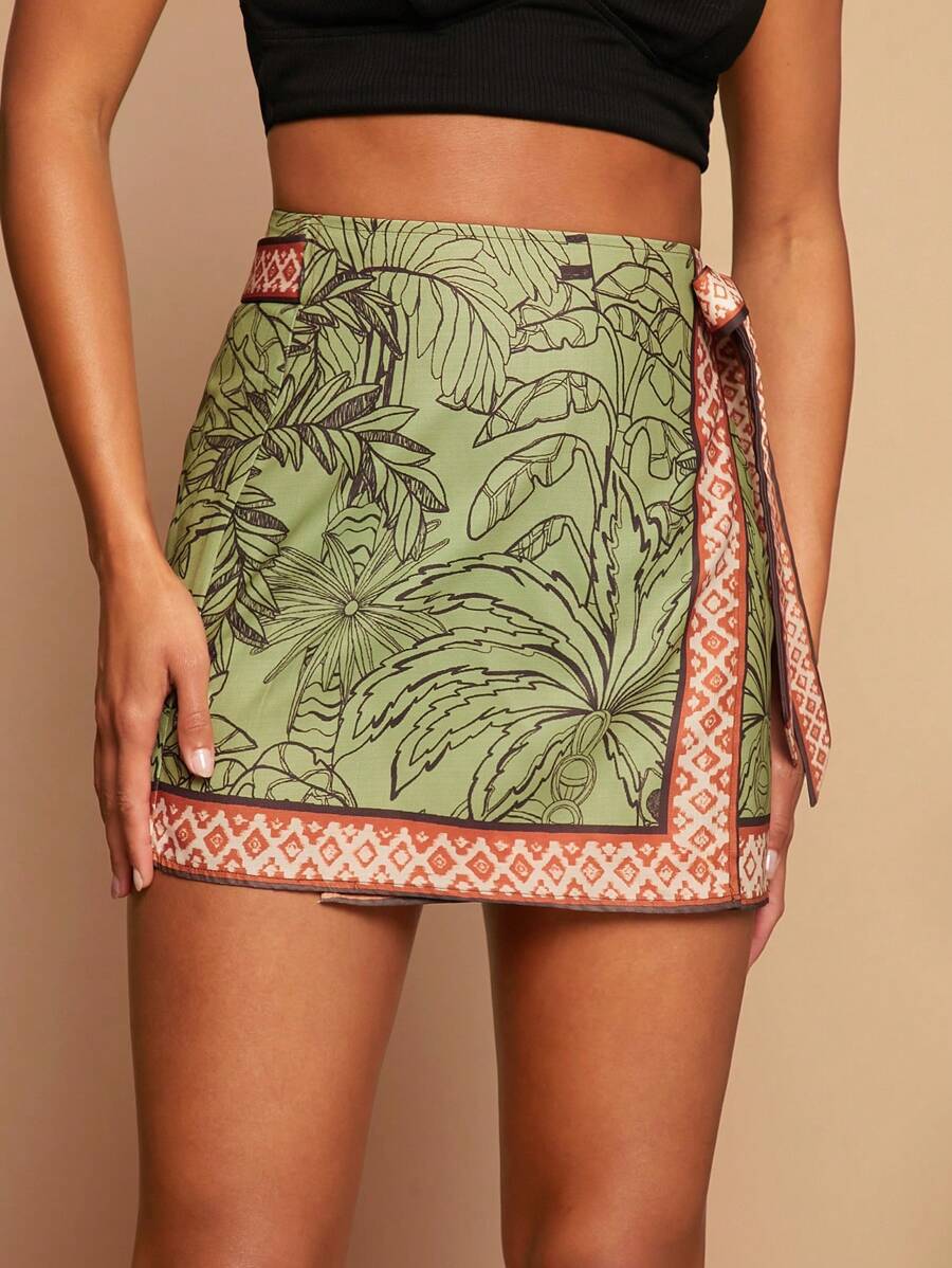 Travachic Women's Vacation Style Tropical Print Tie Waist Sarong Skirt,Beachwear,Spring And Summer,Easter,Beach,Spring Break,Vacation,Concert,BOHO,Bohemia,Music Festival,Tropical Vacation Woman,4th Of July,Holidays,Bohemian - Green - View 1