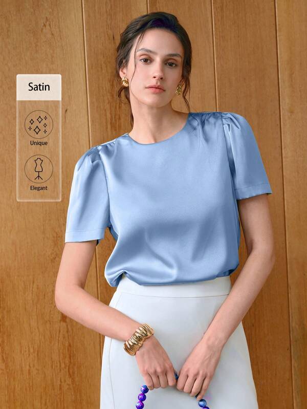 Uhlyne Blusa elegante de mujer con cuello redondo y manga corta de algodón slub para ir al trabajo