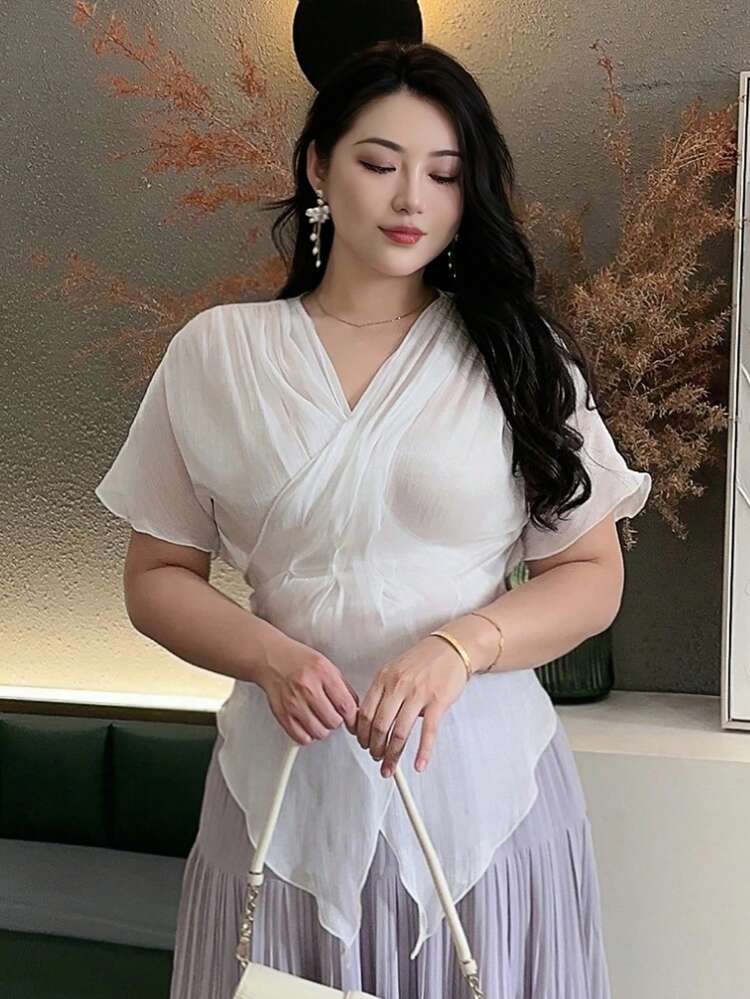 Dazy Plus Plus Size Solid Color Batwing Sleeve V-Neck Asymmetrical Hem Tie Front Shirt