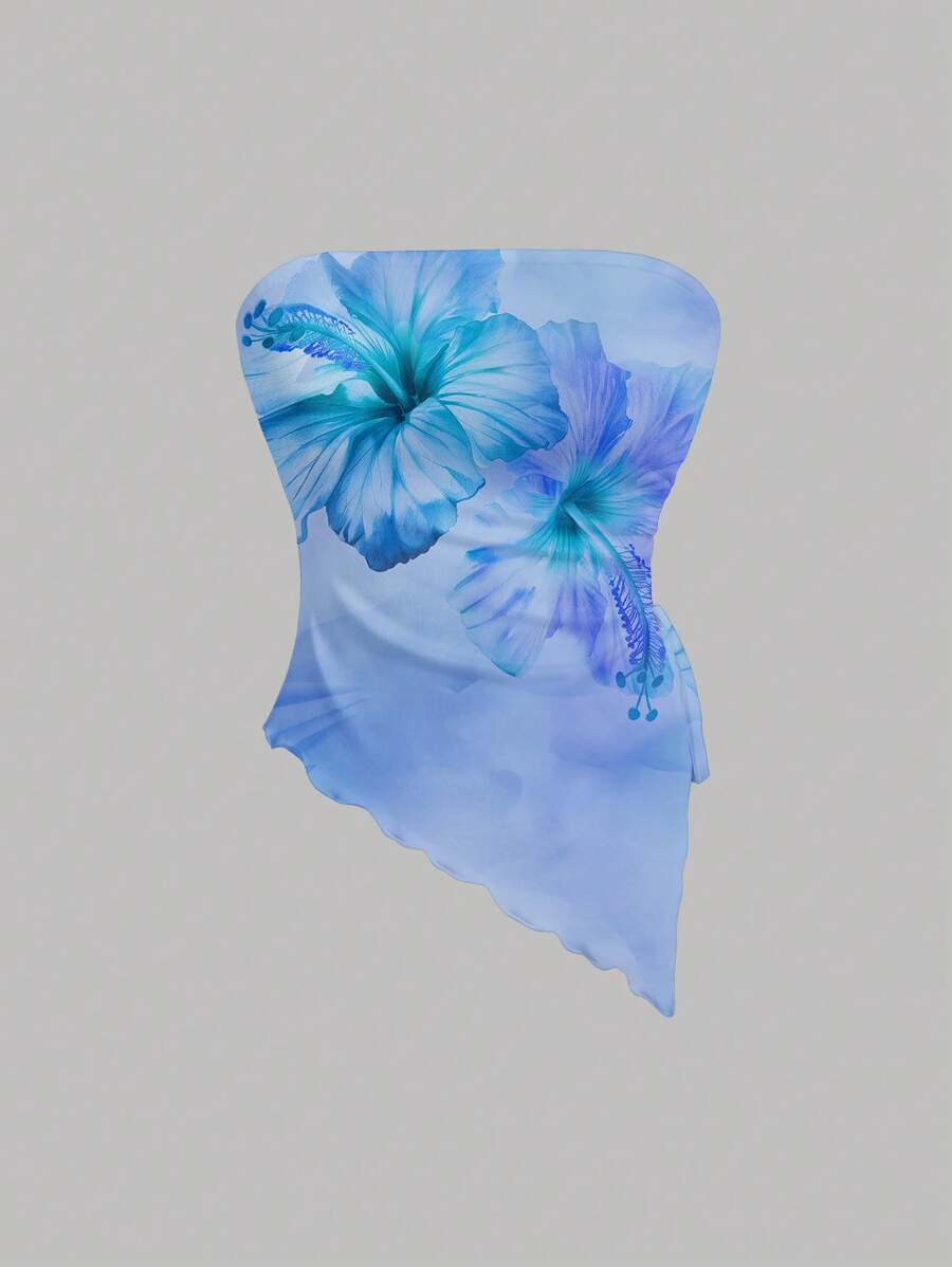 SHEIN MOD Casual Vacation Style Tropical Hibiscus Orange Tie Dye Tropical Floral Print Sexy Women's Floral Asymmetrical Hem Bandeau Crop Top, Suitable For Summer Vacation Beachwear Suitable For Going Out - Multicolor - View 1