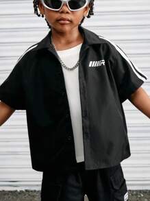 Young Boy Casual Versatile Comfortable Patchwork Thick And Thin Strap Turndown Collar Open Front Loose Woven Solid Color Shirt, Suitable For Commute, School, Daily Casual, Vacation, Sports, Spring/Summer, For Back To School