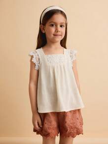 Ontre Loose Lace Patchwork Sleeveless Shirt - White - View 1