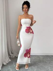 Rafferiza Vestido ajustado de mujer con estampado floral de malla y fruncido elegante - Albaricoque - Ver 6