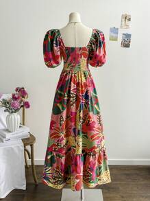 Soleia Váy Maxi họa tiết nhiệt đới màu cam cổ điển mùa hè cho nữ, tay bồng, viền bèo, đám cưới lãng mạn, tốt nghiệp, trở lại trường, tiệc tùng, giản dị dễ thương, tiệc độc thân - Nhiều màu - Xem 2