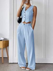 SHEIN EZwear 条纹背心和休闲长裤套装，夏季假日办公室服装女士商务女性服装职业女性秋冬服装 - 藍白色 - 查看 3