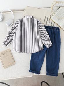 SHEIN 2 件套年轻男孩条纹印花长袖衬衫和裤子，时尚夏季服装 - 藍色 - 查看 2