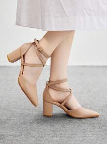 CUCCOO BIZCHIC Women's Fashion Apricot Color Ankle Strap Pointed Toe Chunky High Heel Pumps, Suitable For Commuting, Dates, Parties, Shopping, Holidays For Christmas - Apricot - View 3