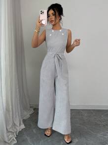 Elenzga Women's Elegant Sleeveless Round Neck Striped Belt Waist Jumpsuit, Spring/Summer