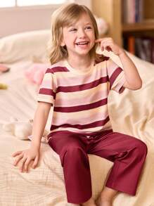 SHEIN 4pcs/Set Young Girl' Mix Color Random Striped Print Short Sleeve Pajama Set - Multicolor - View 5