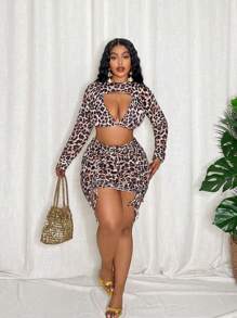Slaydiva 4pcs/Set Plus Size Adjustable Sexy Leopard Print Swimsuit Set For Vacation For Summer - Multicolor - View 7