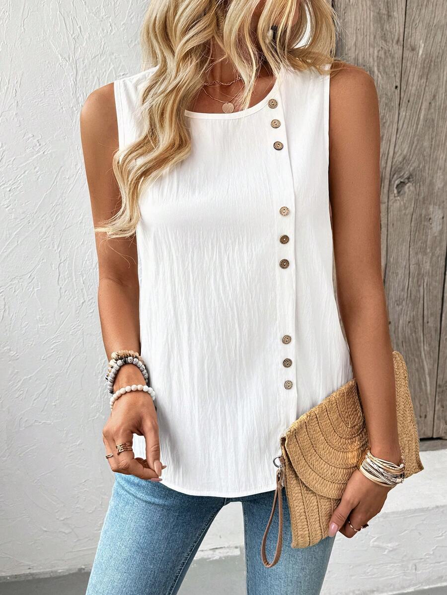 Holdful Holdful Women Round Neck Single-Breasted Sleeveless Top, Versatile For Summer - White - View 1
