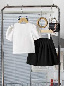 Girls Elegant Solid All-Match Versatile 3D Bow Ruffle Short Sleeve Cropped Knit T-Shirt + Fitted Flare Pants Knit Set - Black - View 2