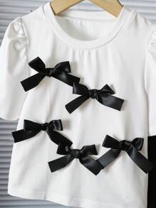 Girls Elegant Solid All-Match Versatile 3D Bow Ruffle Short Sleeve Cropped Knit T-Shirt + Fitted Flare Pants Knit Set - Black - View 6