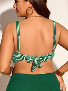 Swim Lushoire 1 件大码女式条纹印花休闲时尚泳装上衣 - 墨綠色 - 查看 2