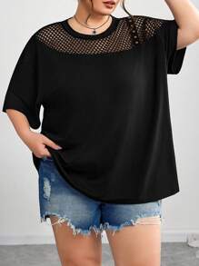 SHEIN CURVE+ 大码网眼拼接宽松不对称领口 T 恤，春夏/大码 T 恤/图案 T 恤 - 黑色 - 查看 5