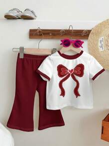 SHEIN 2pcs/Set Girls'' Casual Cartoon Print Round Neck Short Sleeve Top & Flare Pants Set, Suitable For Summer - Multicolor - View 2