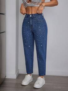 SHEIN PETITE Women's Rhinestone Embellished Pocket Skinny Jeans, For All Seasons - Blue - View 3