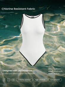 GLOWMODE Glow With The Flow Quick Dry Chlorine Resistant High Neck Back Cutout Removable Cups Colorblock Trim Full Coverage One Piece Swimsuit Swimming Beach Pool Vacation Resort Travel Summer Wear